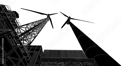A dramatic low-angle monochrome illustration features towering wind turbines and industrial structures, representing sustainable energy and technological advancement.