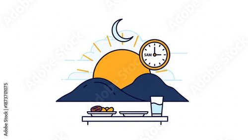 A vector graphic illustration of a breakfast table with a sunrise and clock in the background