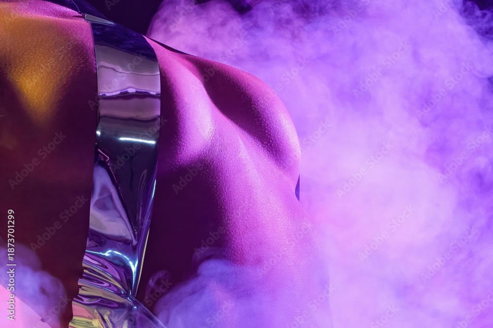 custom made wallpaper toronto digitalWoman posing with reflective clothing in purple smoke during nighttime in studio