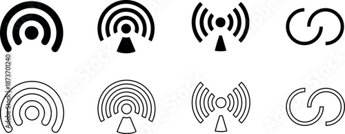 Collection of wireless signal icons in various styles including outline, solid fill, and color, representing concepts of connectivity, radio waves, and network hotspots