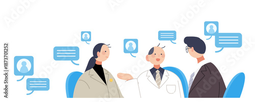 의논하는 캐릭터들(말풍선+사람들+직장인+회의+테이블)