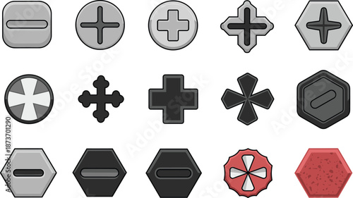 Set of metal screw heads, bolt tops, construction hardware icons, top view vector illustration, isolated on white background