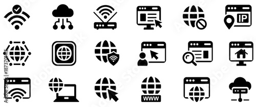 Internet icon black and white set. Containing website, link, data, web, online, domain, technology, modem, VPN, hosting. Solid vector icons ilustration