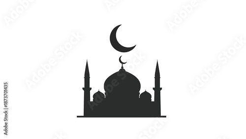 A silhouette of a mosque with two minarets and a dome, topped by a crescent moon, on a white background.
