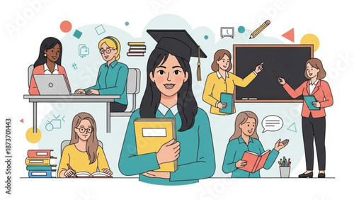 A colorful illustration of students and teachers in a vibrant educational setting with various learning tools.