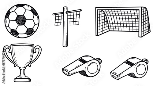 Soccer ball, trophy, goal, whistle, and other soccer elements.