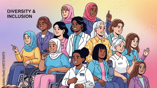 A diverse group of women from different backgrounds and abilities promoting unity and inclusion