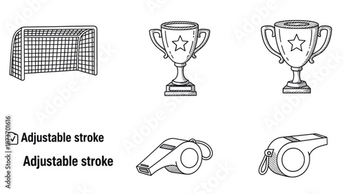 Simple black and white soccer icons including goal net trophies and whistles.