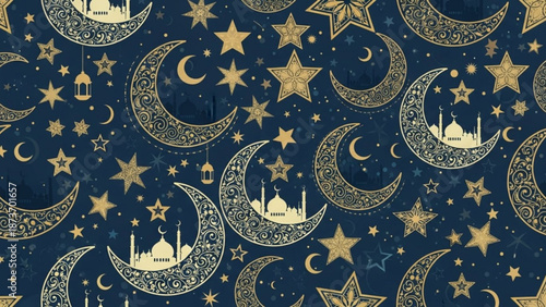 A vector graphic illustration of a Ramadan-themed design featuring crescent moons, stars, and mosques in gold on a dark blue background.