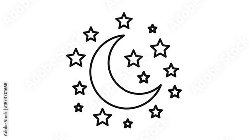 A simple line art illustration of a crescent moon surrounded by many stars, depicting a night sky element.