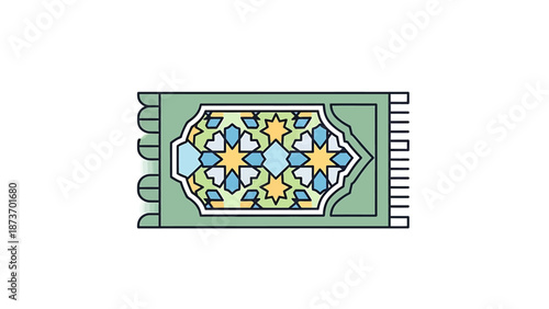 A flat illustration of a green Islamic prayer mat with colorful geometric patterns.