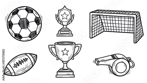Collection of Sports Icons Featuring Balls Trophies and Equipment.