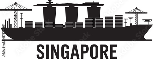 Singapore famous skyline silhouette with iconic marina bay sands and container port activity