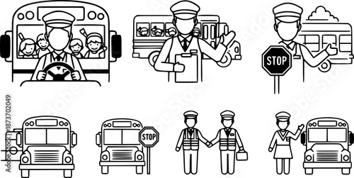 School Bus Driver Transporting Silhouette Children School Bus Operator Professional Student Transportation Black Vector Isolated White Background Safety Driver Yellow Bus Transport