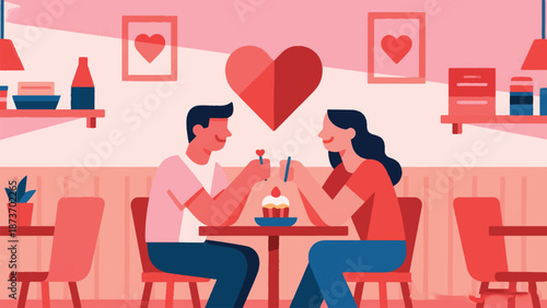 Illustration Of Couple Sharing Dessert, Cozy Cafe Scene, Valentine Date Vector Design Template