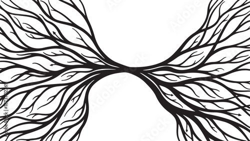 Black and white illustration of tree branches and roots