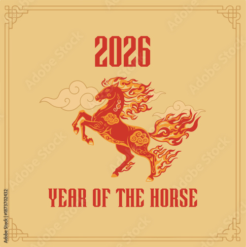 2026 Year of the Horse Chinese Zodiac Illustration – Red Fire Horse with Traditional Pattern