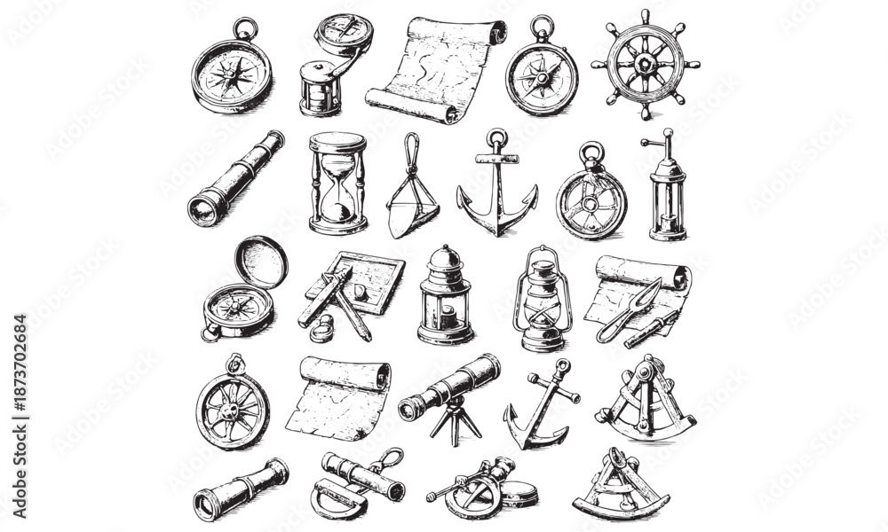 Fototapeta premium Vintage Nautical Maritime Navigation Tools Illustration Set