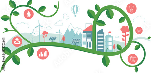 Sustainable Eco City Concept with Renewable Energy Wind Turbines Solar Panels Green Urban Infrastructure Recycling Icons and Environmental Conservation for Future