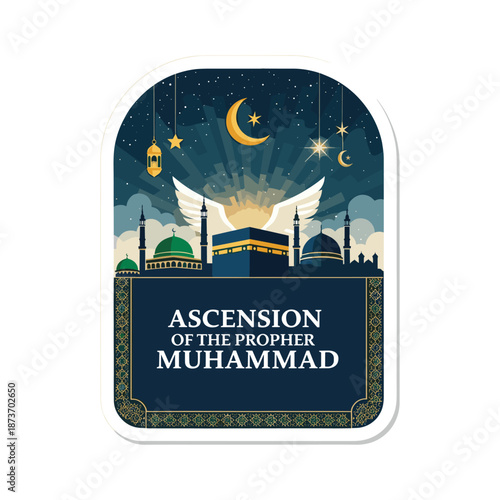 Night sky with crescent moon stars and mosque depicting the ascension of Prophet Muhammad
