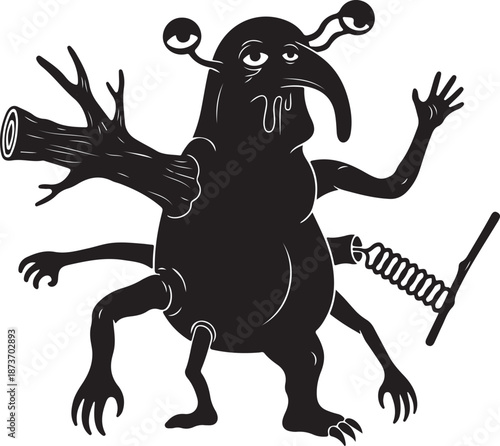 A black and white illustration of a monster creature