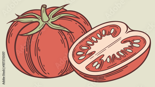 Stylized Tomato Illustration with Halved and Wedge Slice Showing Detailed Interior and Green Stem