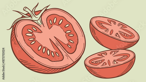Stylized Tomato Illustration with Halved and Wedge Slice Showing Detailed Interior and Green Stem