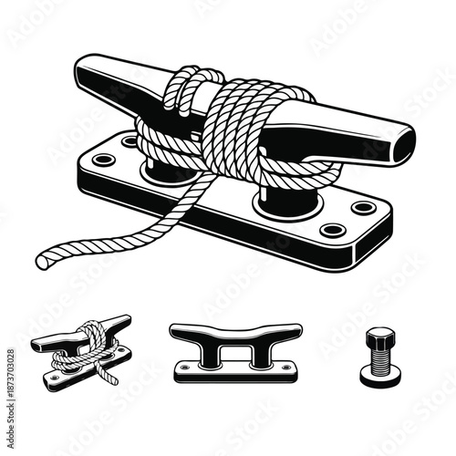 Boat Cleat & Rope Illustration Set – Nautical Line Art Vector