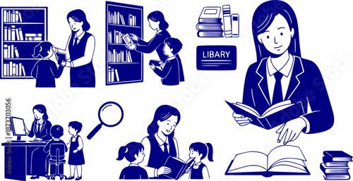 School Librarian Helping Student Silhouette Books Library Media Specialist Professional Black Vector Isolated White Background Teacher Assisting Reading Educator Librarian