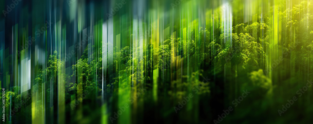 Obraz premium Eco digital background with lush green forest and vertical light streaks