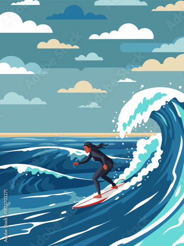 Vector illustration of a surfer riding a big wave on a surfboard, showcasing extreme sports and ocean adventure