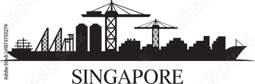 Singapore port vector silhouette panorama international shipping hub with cranes and cargo terminal
