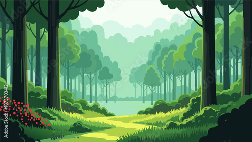 Vector illustration of a lush green forest with a path leading through the trees, evoking tranquility and nature