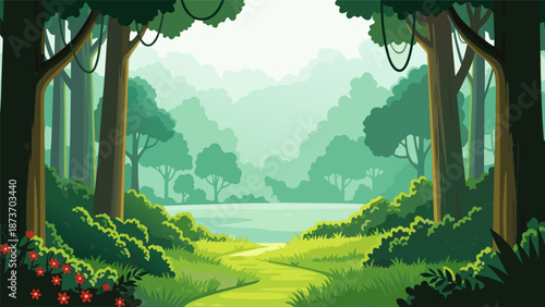 Enchanting Forest Path Vector Illustration Lush Greenery and Serene Landscape