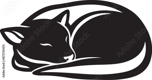 Sleeping Black Cat in Curled Up Position Silhouette Illustration