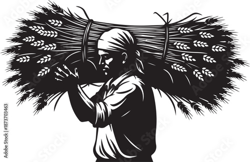 Farmer carrying a large bundle of wheat on back