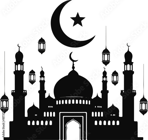 Eid al adha celebration illustration with mosque and crescent moon