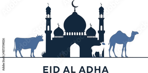 Eid al adha celebration background with mosque and sacrificial animals