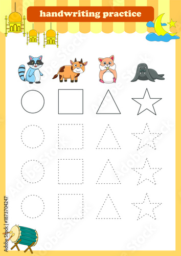 Handwriting Practice. Tracing lines of different shape for kids with animals. Vector Illustration