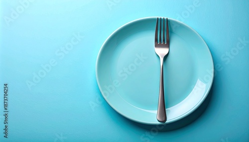 Single fork centered vertically on light blue plate against matching light blue background in minimalist setup.