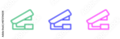 A set of three neon stapler icons in green, blue, and pink, isolated on a white background, perfect for office or stationery themed designs.