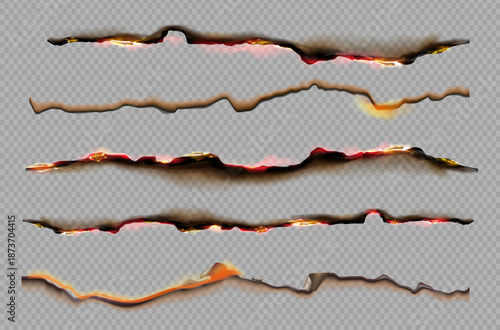 realistic burned paper edges set glowing fire tear lines with charred texture on transparent background