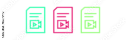 Neon icons of a document with a play button and video camera symbol in colorful glowing outlines isolated on a transparent background representing media or content creation concepts