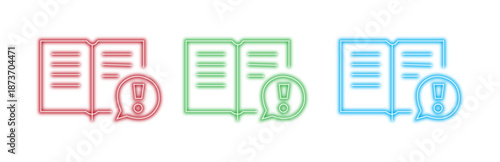 Multiple colorful neon variants of an open book icon with an exclamation mark in a speech bubble, perfect for digital warnings and important information, isolated on transparent background.