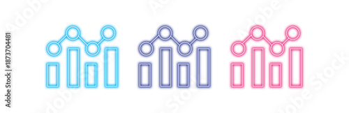 Colorful neon bar chart and line graph icons indicating financial success and data analysis, isolated on a clean white background for easy integration into web design and presentations.