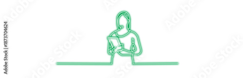 A colorful neon line art illustration of a woman wearing a headset, holding a digital tablet and pen, ready to assist with customer service and online support, isolated on transparent background.