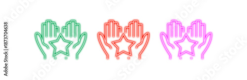 Multiple variants of colorful neon icons depicting hands gently holding a star with rating bars above, symbolizing quality, feedback, and excellence, isolated on transparent background.