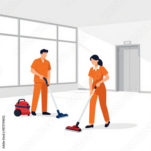 Professional cleaning service team maintaining an office building with floor scrubbers