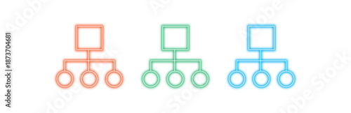Multiple variants of colorful neon organization chart icons, illustrating business hierarchy and connections with a glowing modern design, isolated on transparent background.
