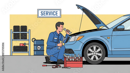 Professional auto mechanic in blue uniform diligently inspects a car engine in a well-equipped garage workshop, performing essential vehicle maintenance and repair services